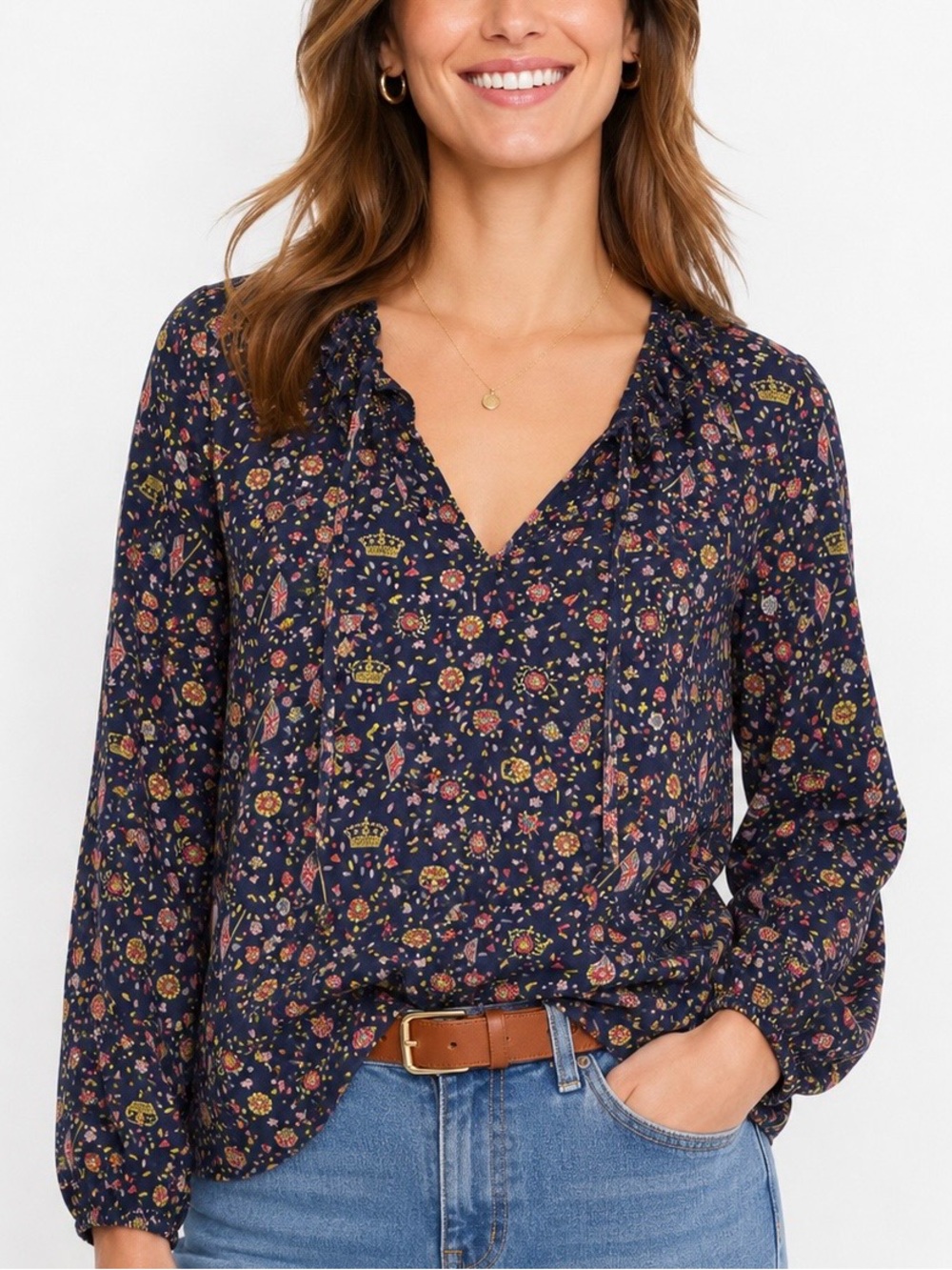 Boden Catriona Jersey Top Long Sleeve Navy Blue Union Jack All Over Print 8 Tie